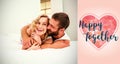 Composite image of couple on bed and valentines words Royalty Free Stock Photo