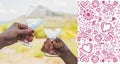 Composite image of couple clinking wine glasses outside