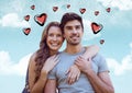 Composite image of couple embracing against sky with pink valentines hearts