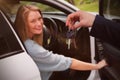 Composite image of couple receiving car keys by a dealer Royalty Free Stock Photo