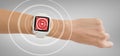 Composite image of cropped image of woman hand wearing smart watch Royalty Free Stock Photo