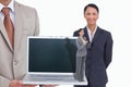 Composite image of curious young businesswoman with binoculars Royalty Free Stock Photo