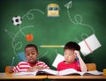 Composite image of cute pupils writing at desk in classroom