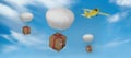 Composite image of 3d digital image of parachute carrying cardboard box