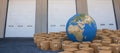 Composite image of 3d image of globe amidst cardboard boxes Royalty Free Stock Photo