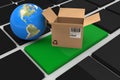 Composite image of 3d image of globe with open cardboard box Royalty Free Stock Photo