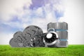 Composite image of database server icon with combination lock and metallic gears cloud