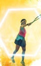 Composite image of determined young african american female athlete playing tennis over leaf pattern Royalty Free Stock Photo