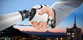 Composite image of digital composite image of robot and businessman shaking hands 3d Royalty Free Stock Photo