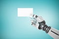 Composite image of digital composite image of white robotic arm holding placard 3d