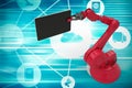 Composite image of digital generated image of robot holding computer tablet 3d