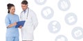 Composite image of doctor and nurse looking at clipboard Royalty Free Stock Photo