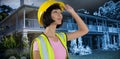 Composite image of female architect in hard hat looking away against white background Royalty Free Stock Photo