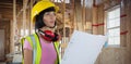 Composite image of female architect holding blueprint against white background Royalty Free Stock Photo