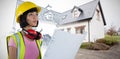 Composite image of female architect holding blueprint against white background Royalty Free Stock Photo