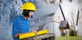 Composite image of female architect measuring plywood with engineer scale Royalty Free Stock Photo