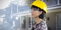 Composite image of female architect wearing hard hat and safety glasses against white background Royalty Free Stock Photo