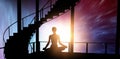 Composite image of full length of female practicing meditation Royalty Free Stock Photo