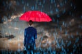 Composite image of full length rear view of businesswoman carrying red umbrella and briefcase Royalty Free Stock Photo