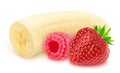 Composite image with garden berries and cutted banana isolated on a white background.