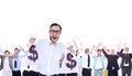 Composite image of geeky businessman holding money bags Royalty Free Stock Photo