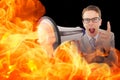 Composite image of geeky businessman shouting through megaphone Royalty Free Stock Photo