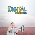 Composite image of geeky businessman shouting through megaphone Royalty Free Stock Photo