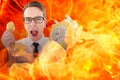 Composite image of geeky businessman shouting at retro phone Royalty Free Stock Photo