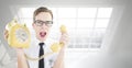 Composite image of geeky businessman shouting at retro phone Royalty Free Stock Photo