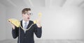 Composite image of geeky businessman shouting at telephone Royalty Free Stock Photo