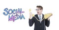 Composite image of geeky businessman shouting at telephone Royalty Free Stock Photo