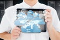 Composite image of geeky businessman showing his tablet pc