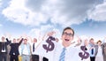 Composite image of geeky happy businessman holding bags of money Royalty Free Stock Photo