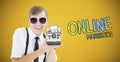 Composite image of geeky hipster holding a retro camera Royalty Free Stock Photo