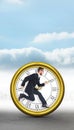 Composite image of geeky young businessman running mid air Royalty Free Stock Photo