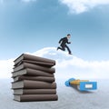 Composite image of geeky young businessman running mid air Royalty Free Stock Photo