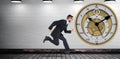 Composite image of geeky young businessman running mid air Royalty Free Stock Photo