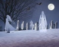 Composite image of ghosts and bats under a full moon in a snowy cemetery, VT