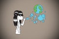Composite image of girl blowing earth bubbles