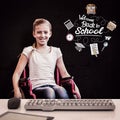 Composite image of girl sitting in wheelchair in school corridor Royalty Free Stock Photo