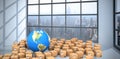 Composite image of composite image of globe amidst cardboard boxes Royalty Free Stock Photo