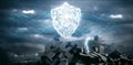 Composite image of composite image of glowing shield and connecting lines against blue background