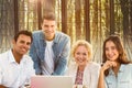 Composite image of group of young colleagues having a meeting