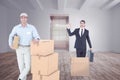 Composite image of handsome delivery man leaning on stacked cardboard boxes