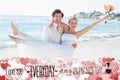 Composite image of handsome groom carrying his beautiful wife