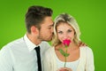 Composite image of handsome man kissing girlfriend on cheek holding a rose