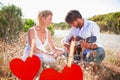 Composite image of handsome man serenading his girlfriend with guitar