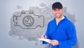 Composite image of handyman in blue overall writing on clipboard Royalty Free Stock Photo