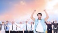 Composite image of happy casual man cheering at camera Royalty Free Stock Photo