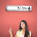 Composite image of happy casual woman pointing up Royalty Free Stock Photo